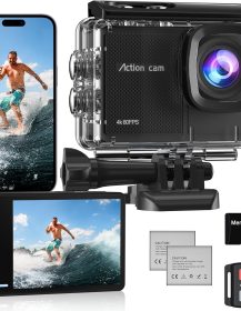 4K 60FPS Action Camera with 64GB Card-48MP Waterproof Camera,40M Underwater Camera,8X Zoom,EIS Stabilization,WiFi,Remote Control,MotorcycleCamera with 2 Rechargeable Batteries
